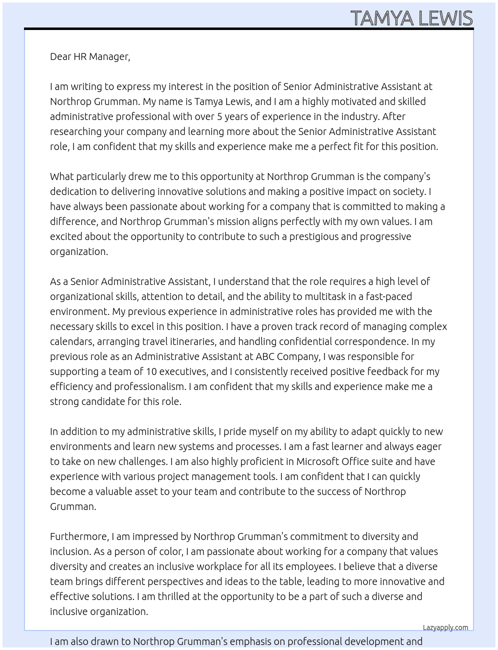 Senior Administrative Assistant At Northrop Grumman Cover Letter