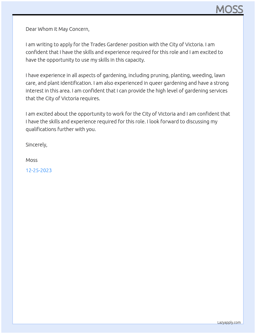 Trades gardener  At City of Victoria  Cover Letter