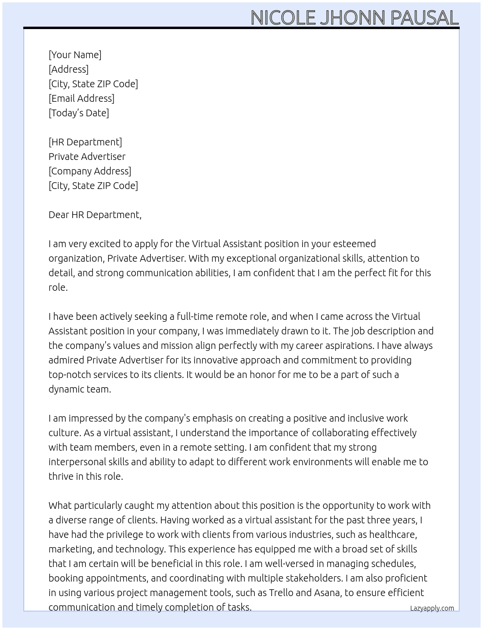 Virtual Assistant At Private Advertiser Cover Letter