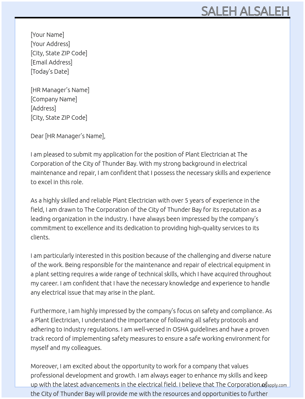 Plant electrician At The Corporation of the City of Thunder Bay Cover Letter