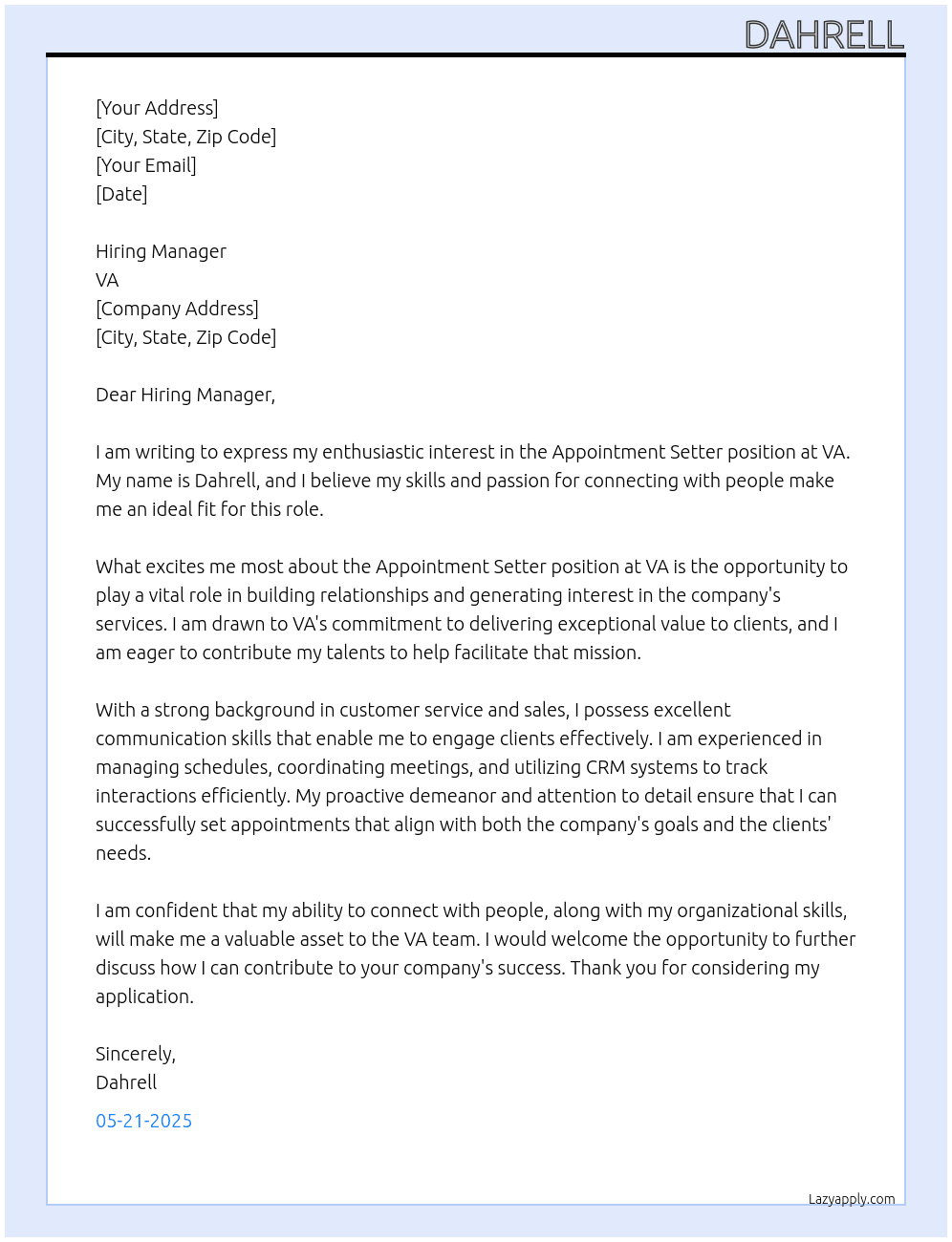 appointment setter At VA Cover Letter