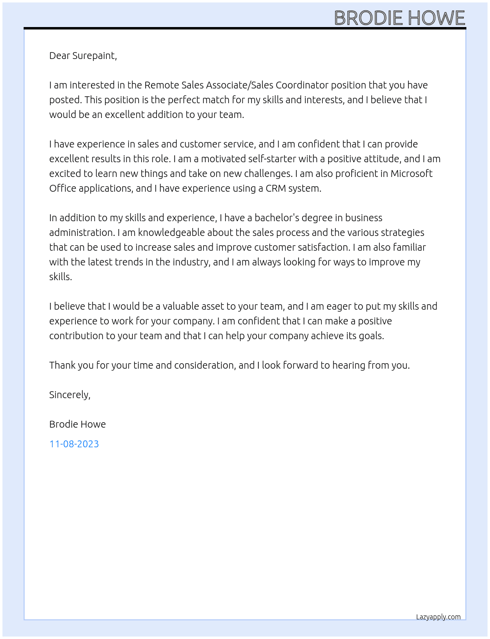 Remote Sales Associate/Sales Coordinator At Surepaint Cover Letter