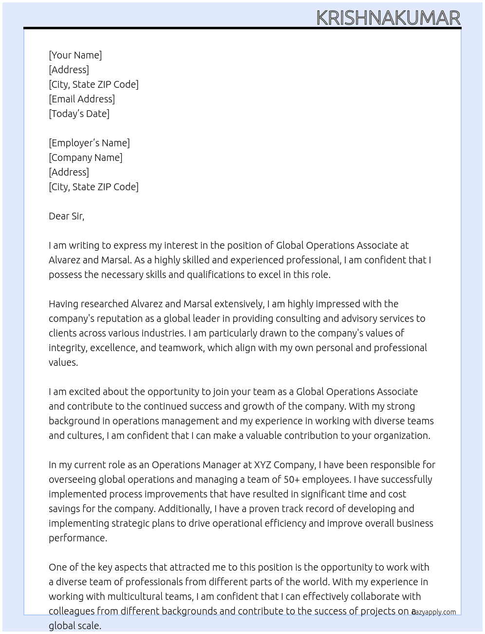 Global Operations Associate  At Alvarez and Marsal Cover Letter