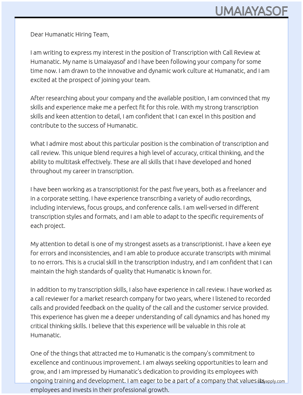 transcription with call review At Humanatic Cover Letter