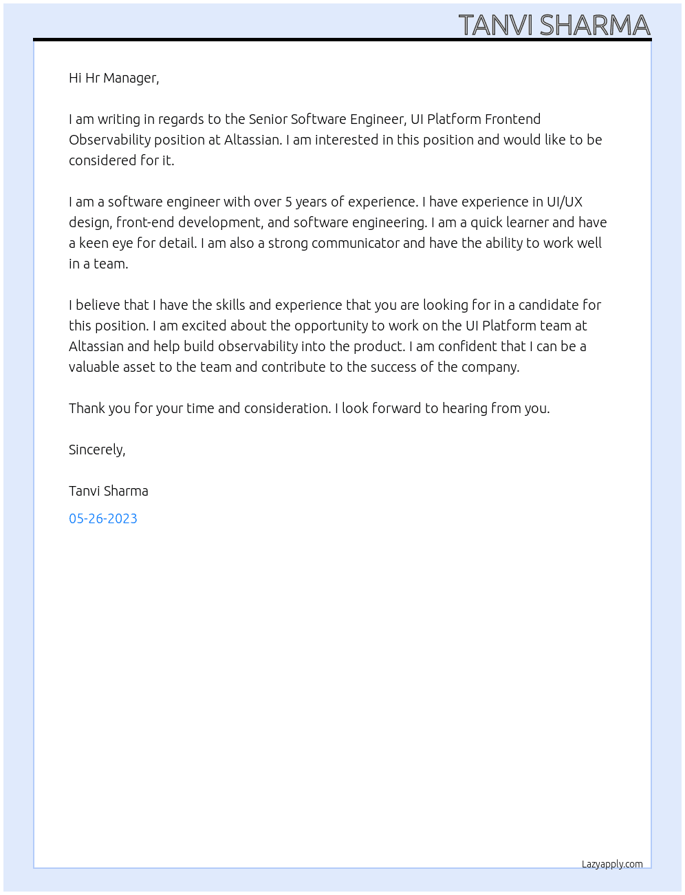 Senior Software Engineer, UI Platform Frontend  Observability At Altassian Cover Letter