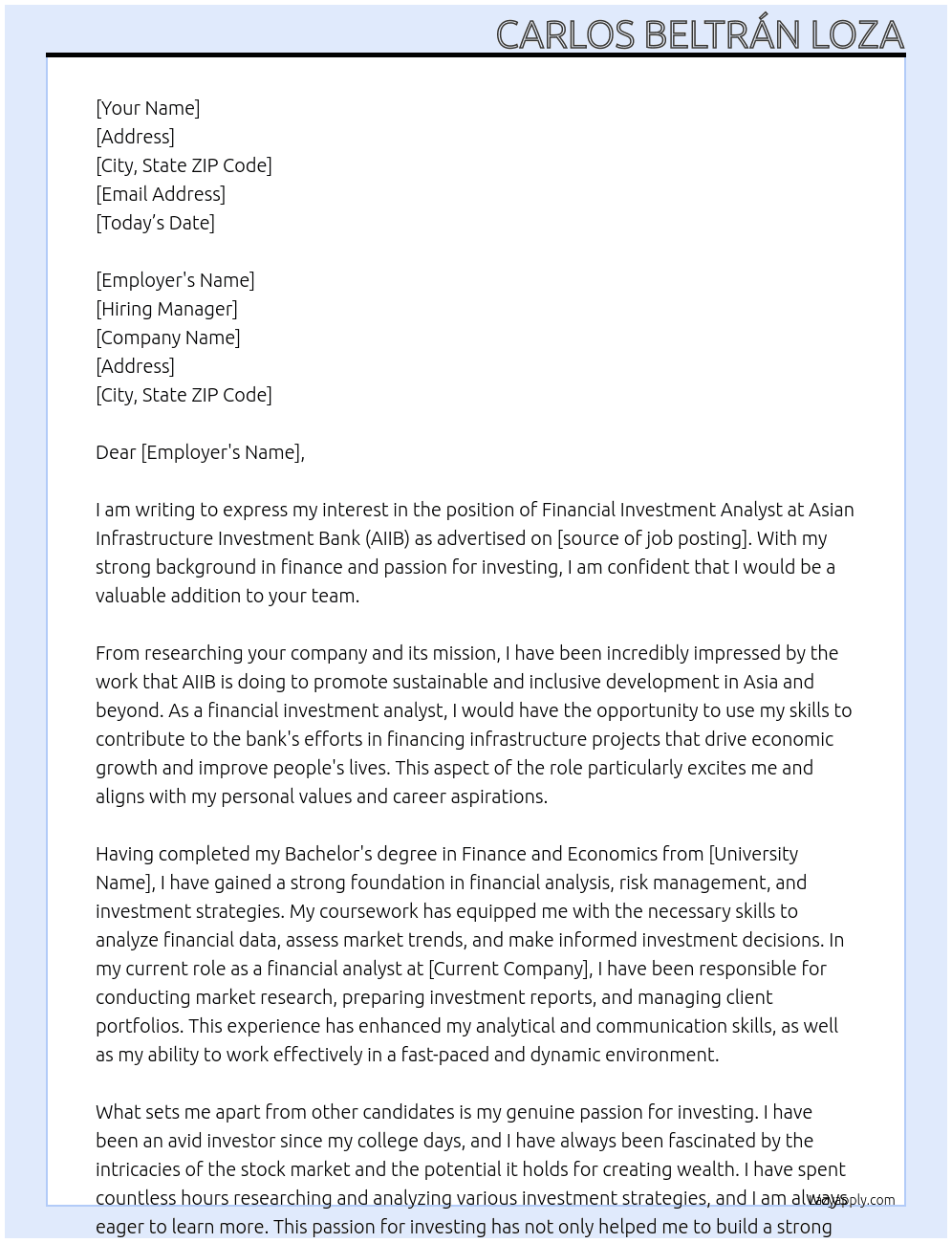 Cover letter for financial investment analyst - LazyApply