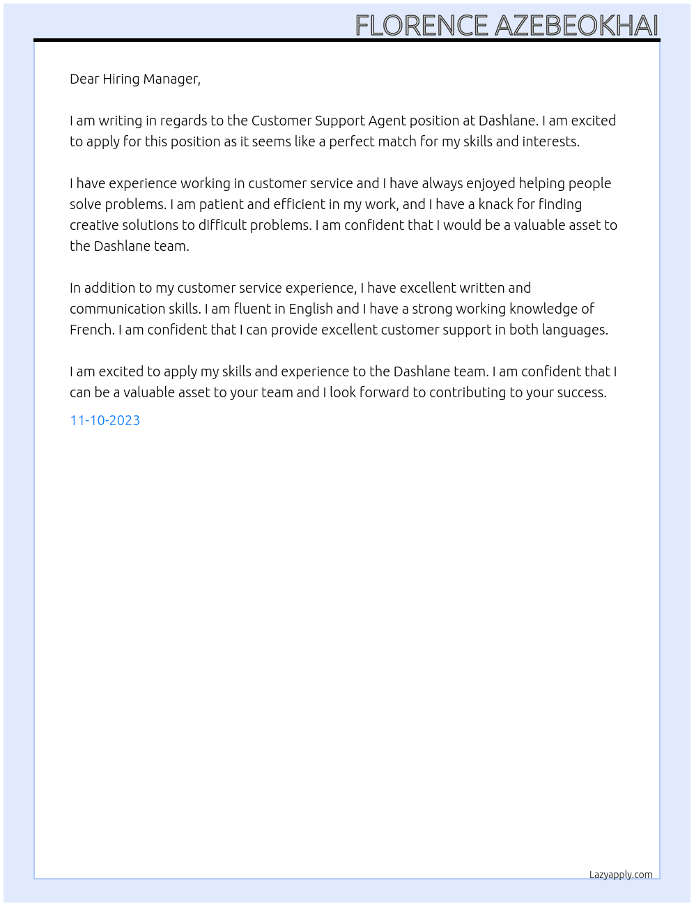 Customer support agent At Dashlane Cover Letter