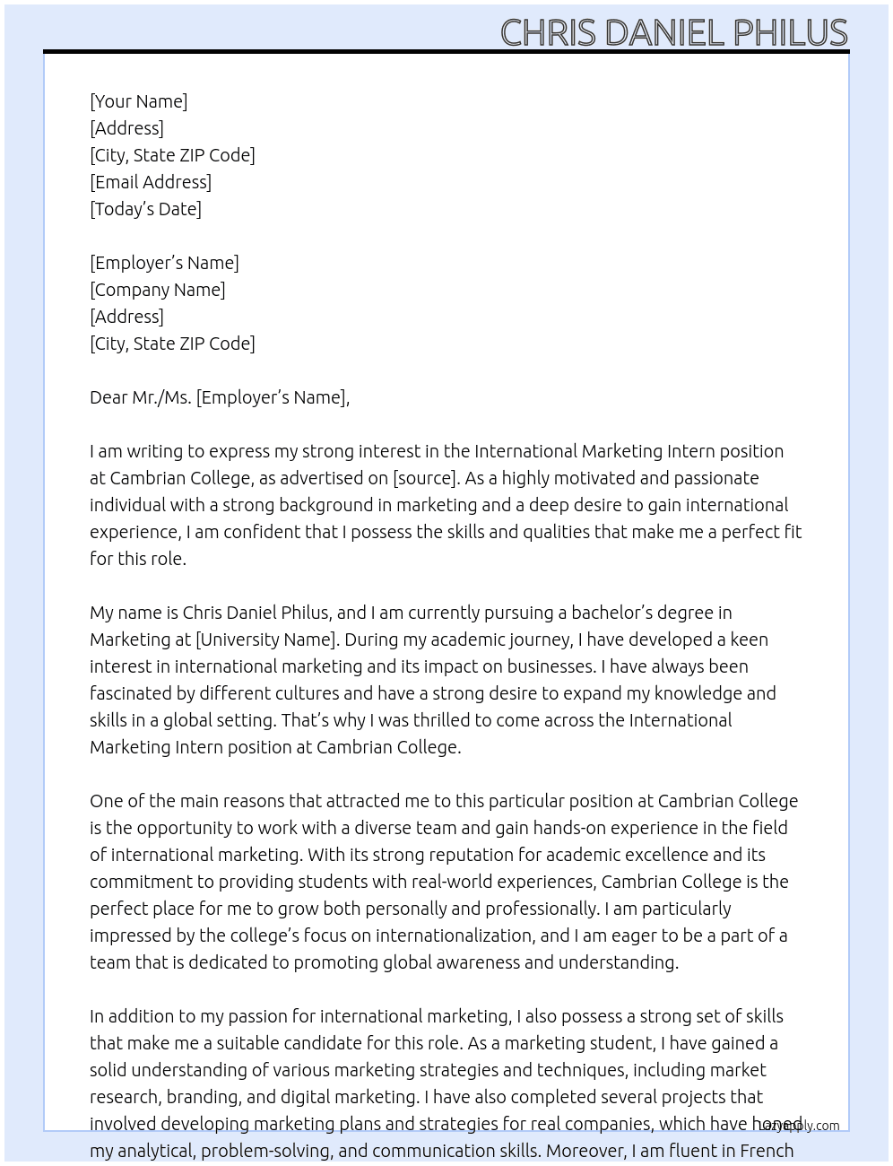 International -Marketing Intern - PT At Cambrian College Cover Letter