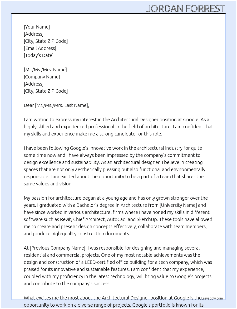 architectural designer At Google Cover Letter