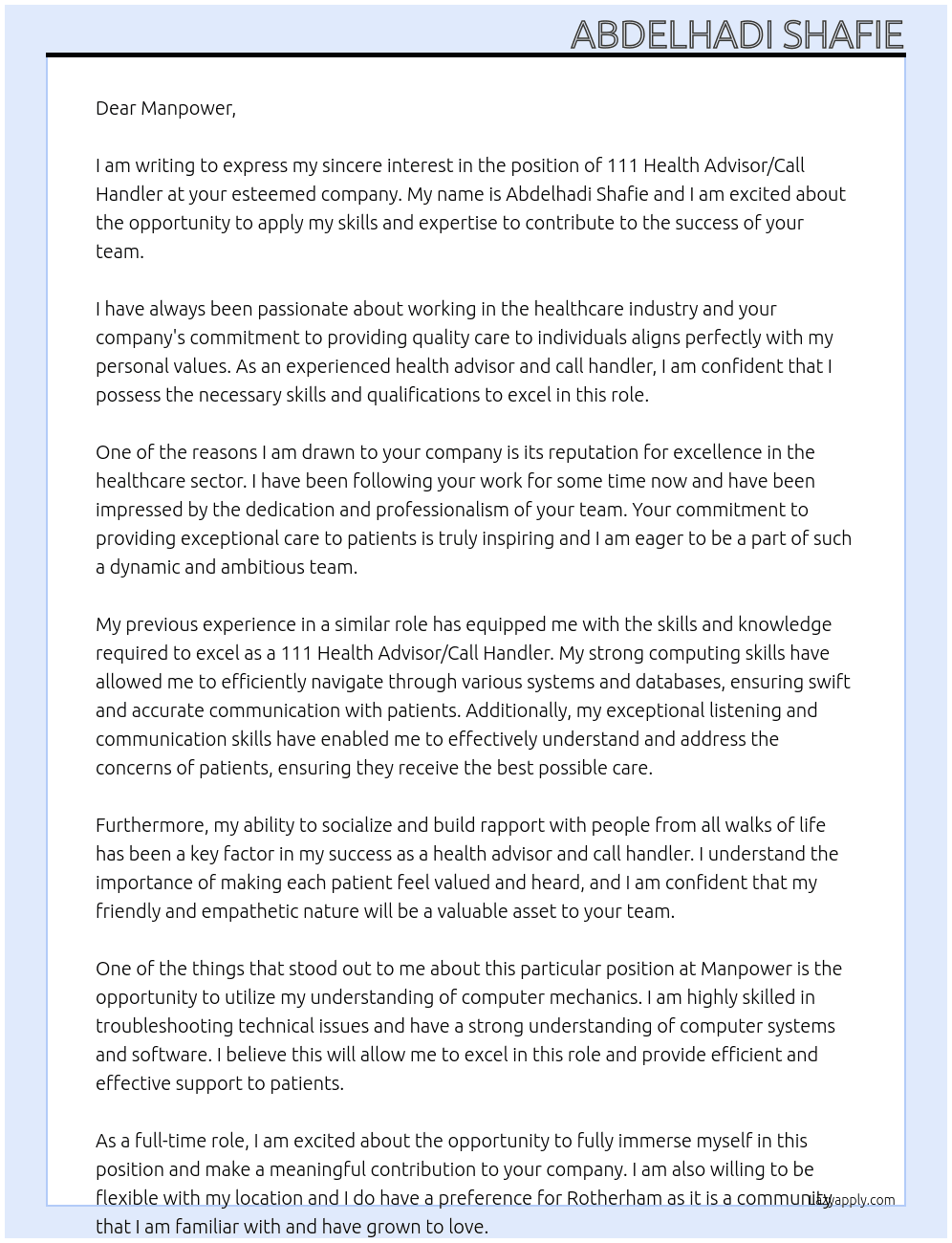 111 Health Advisor/Call Handler At Manpower Cover Letter