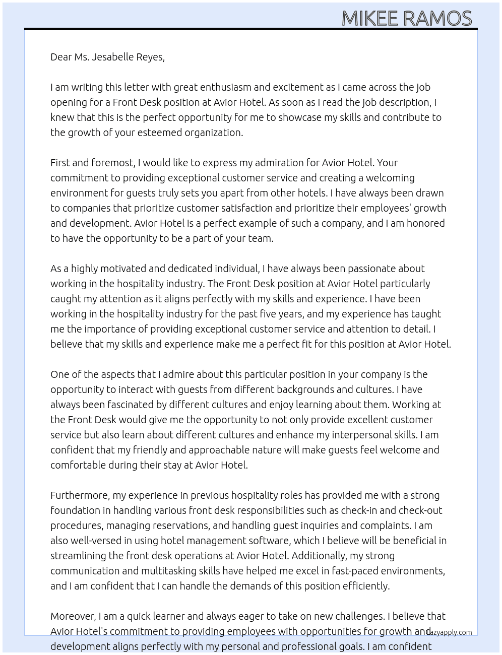 Front Desk At Avior Hotel  Cover Letter
