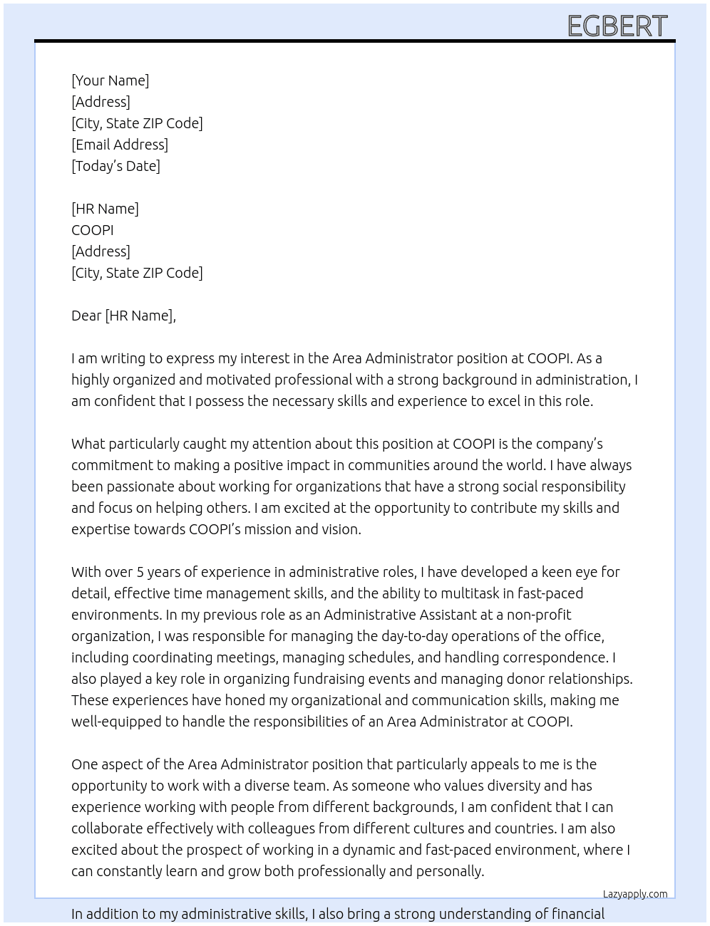 Area Administrator At COOPI Cover Letter