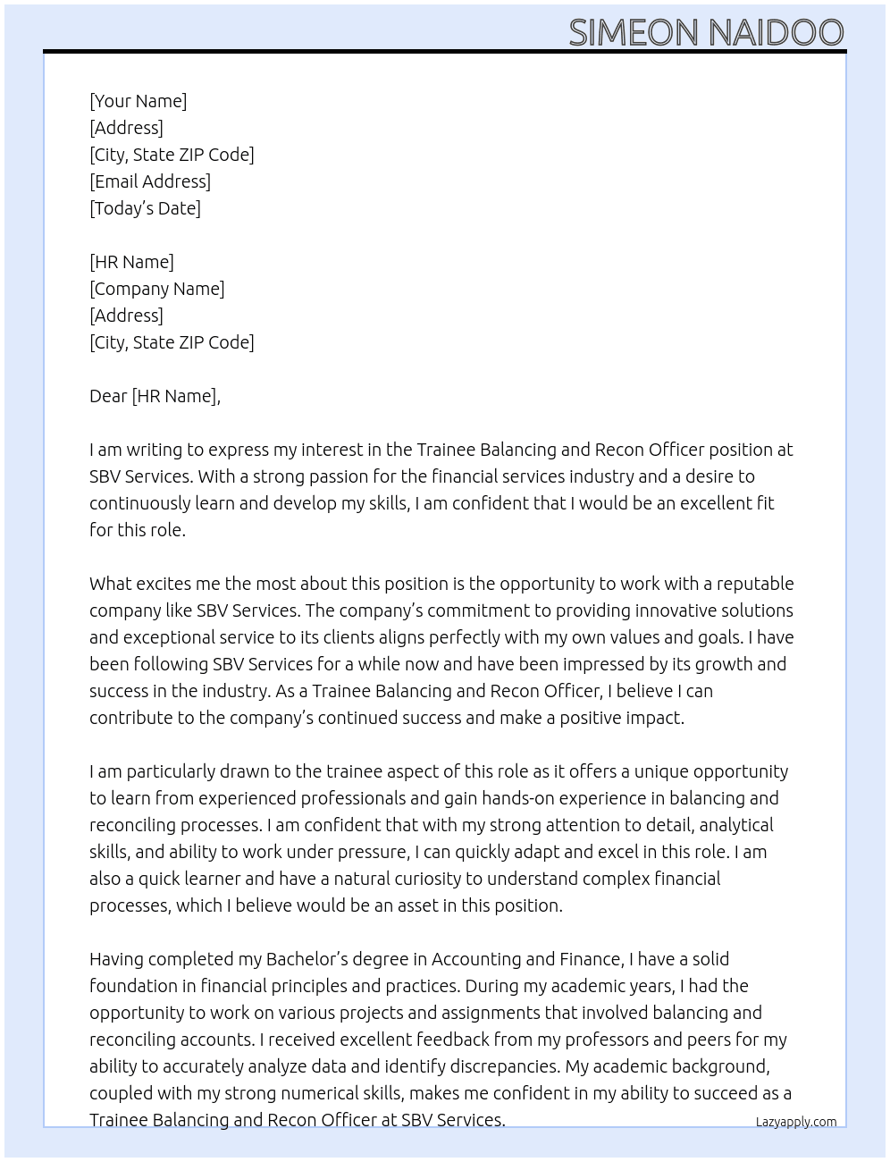 Trainee Balancing and recon officer At SBV Services Cover Letter