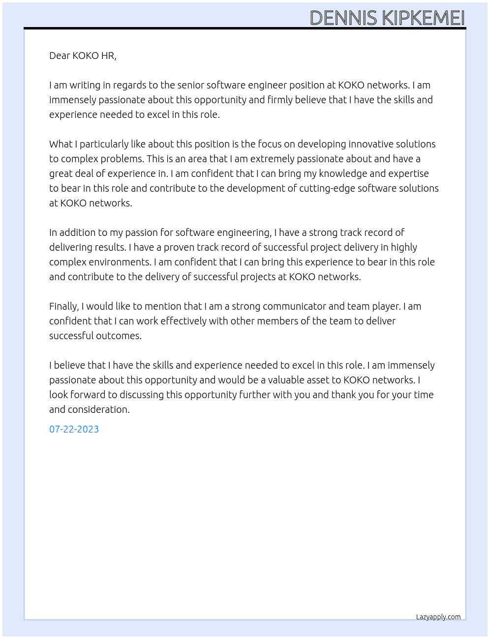 senior software engineer At KOKO networks Cover Letter