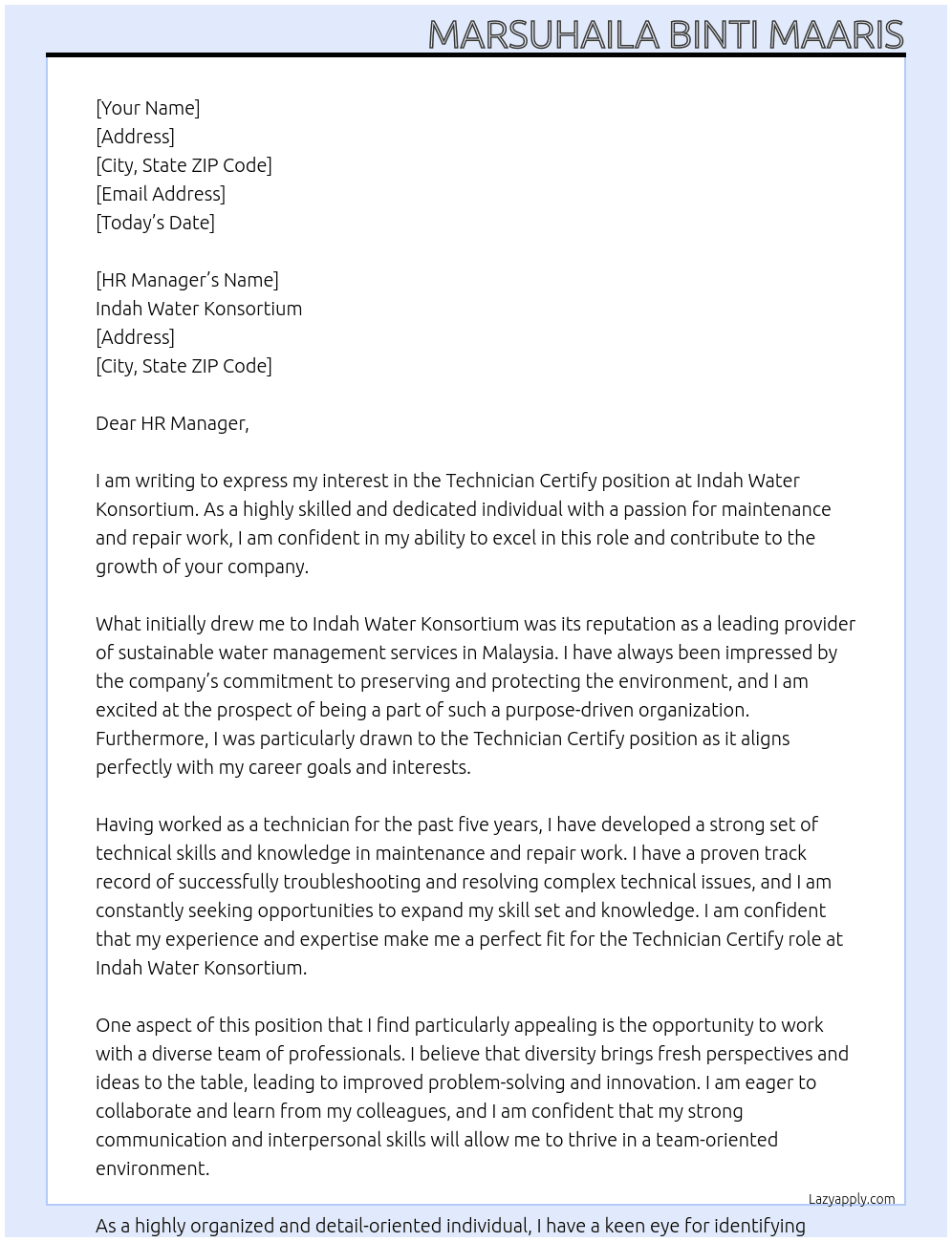 Technician Certify At Indah Water Konsortium Cover Letter