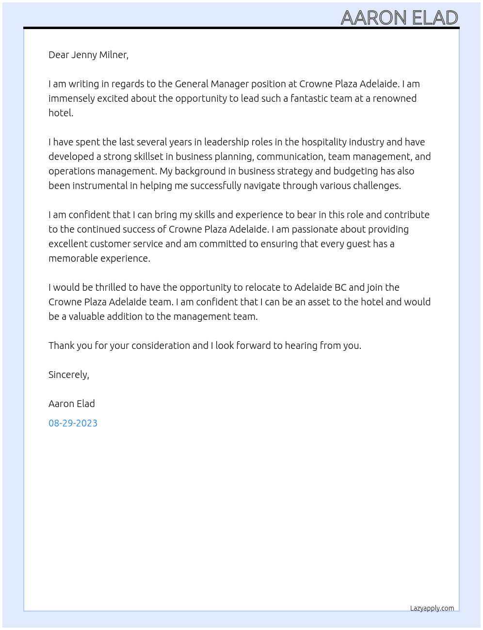 General Manager Crowne Plaza Adelaide At Crowne Plaza Adelaide Cover Letter