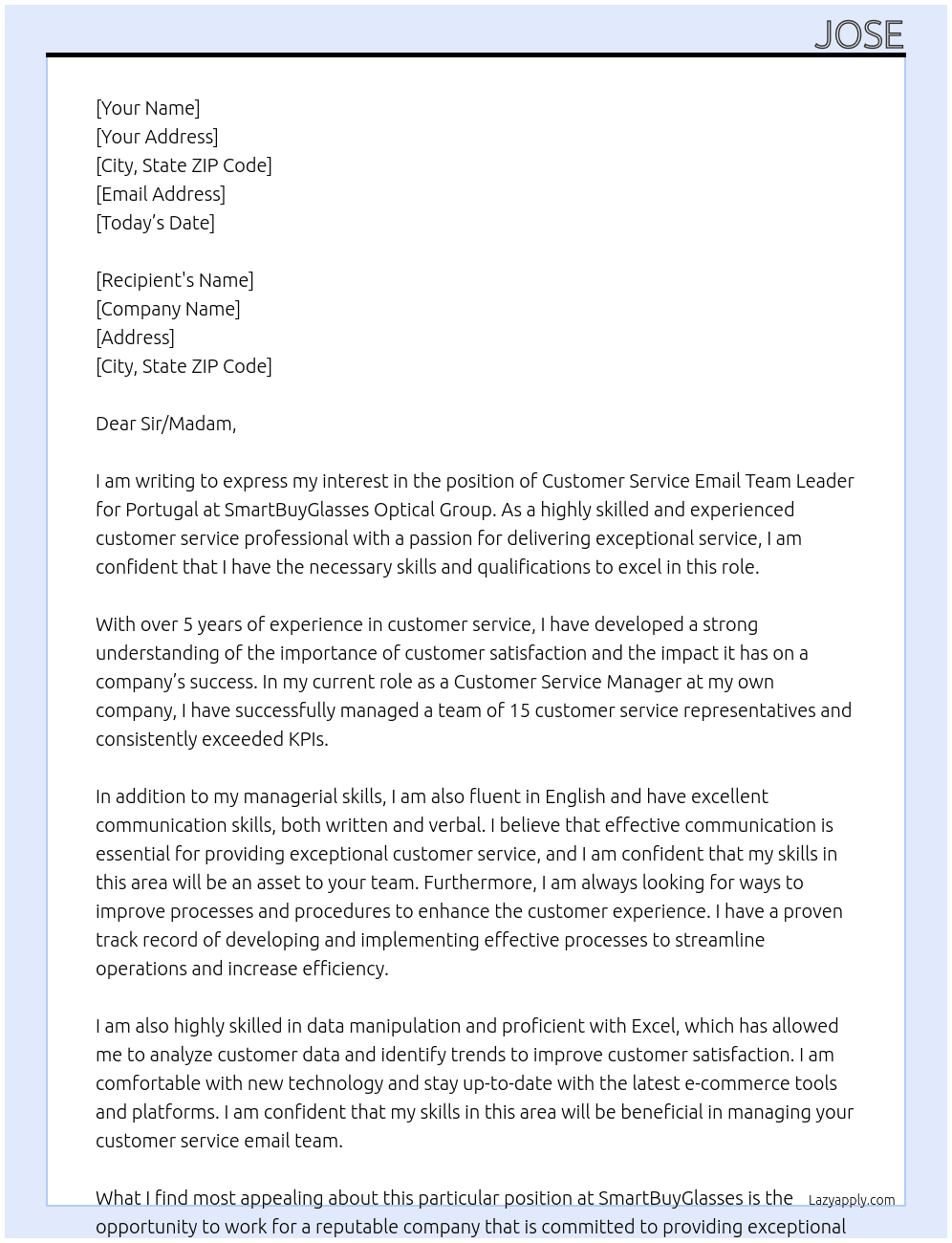 Customer Service Email Team Leader - Portugal At SmartBuyGlasses Optical Group Cover Letter