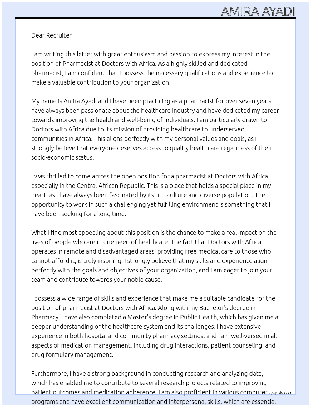 pharmacist At Doctors with africa Cover Letter