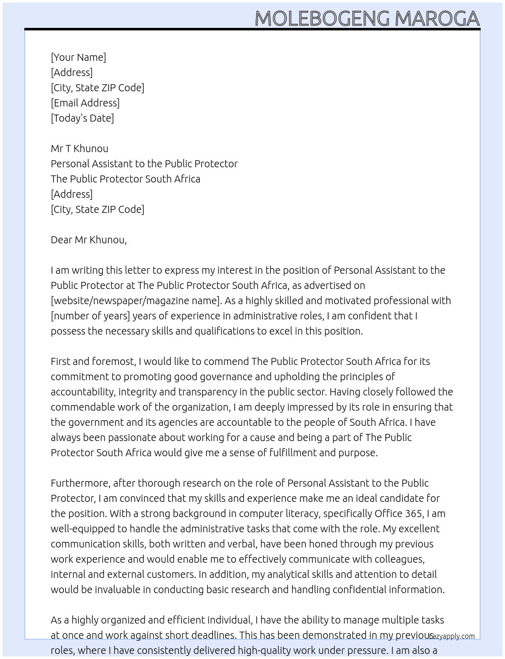 Personal Assistant to the Public Protector At The Public Protector South Africa Cover Letter