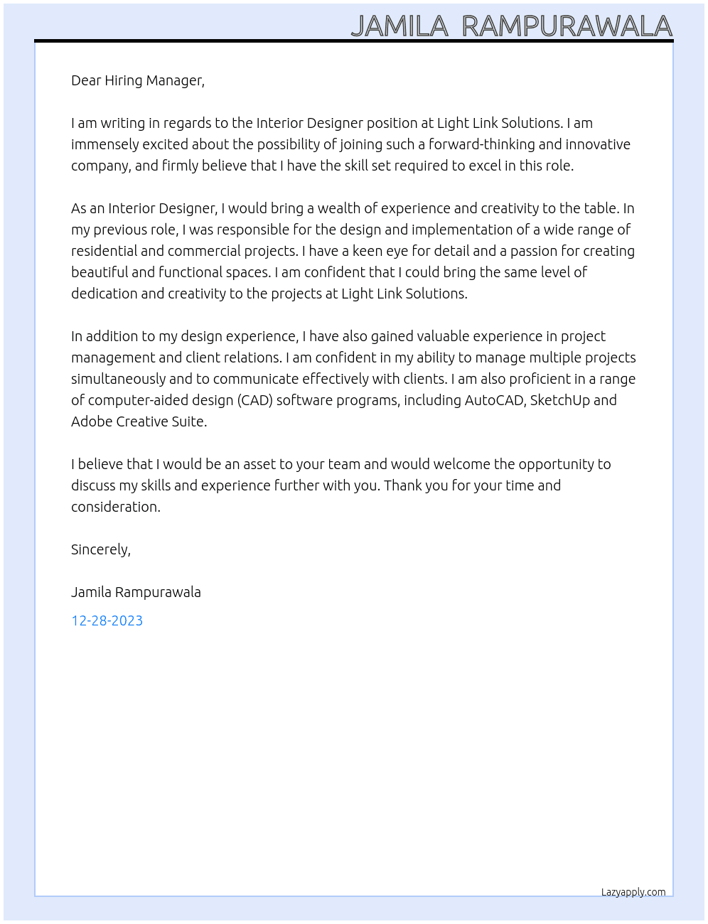 Interior Designer At Light Link Solutions Cover Letter