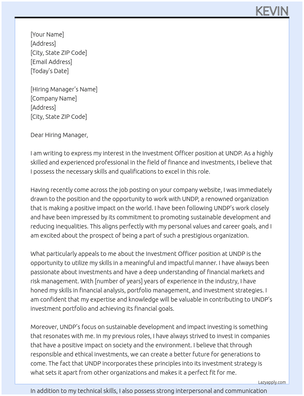 Investment Officer At UNDP Cover Letter