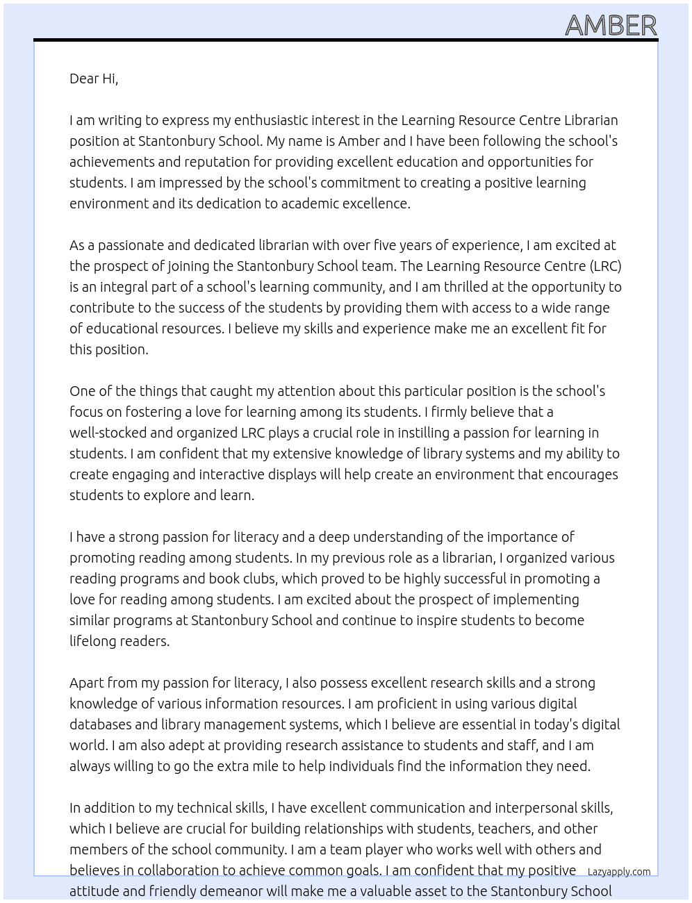 Learning Resource Centre Librarian At Stantonbury School Cover Letter
