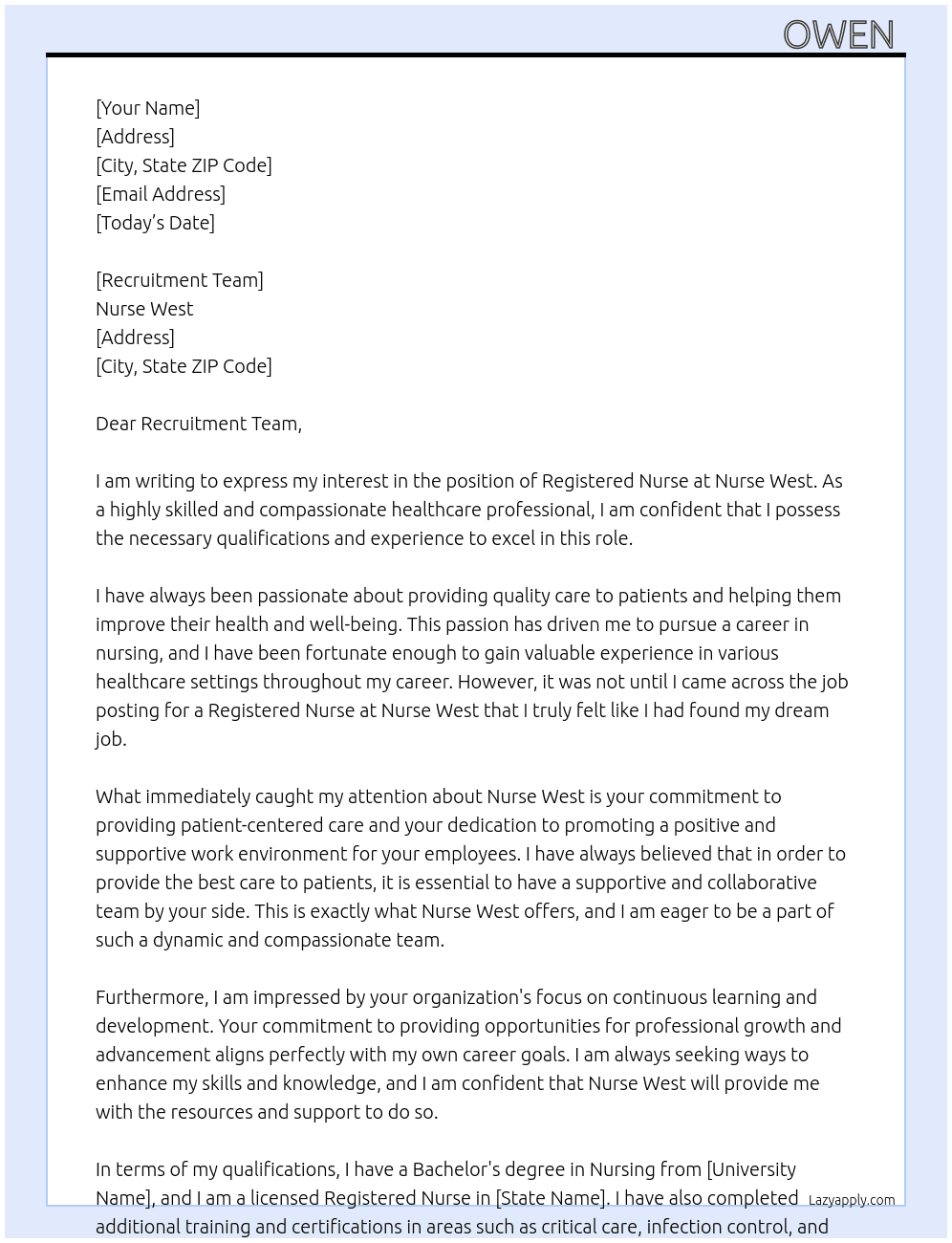 Registered Nurse At Nurse West Cover Letter
