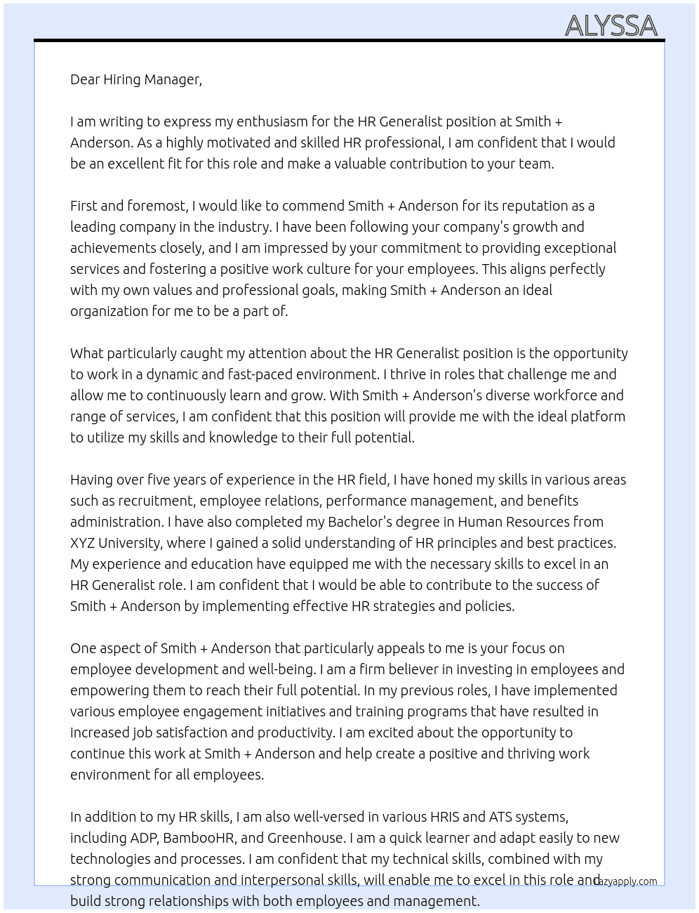 HR Generalist  At Smith + Anderson Cover Letter