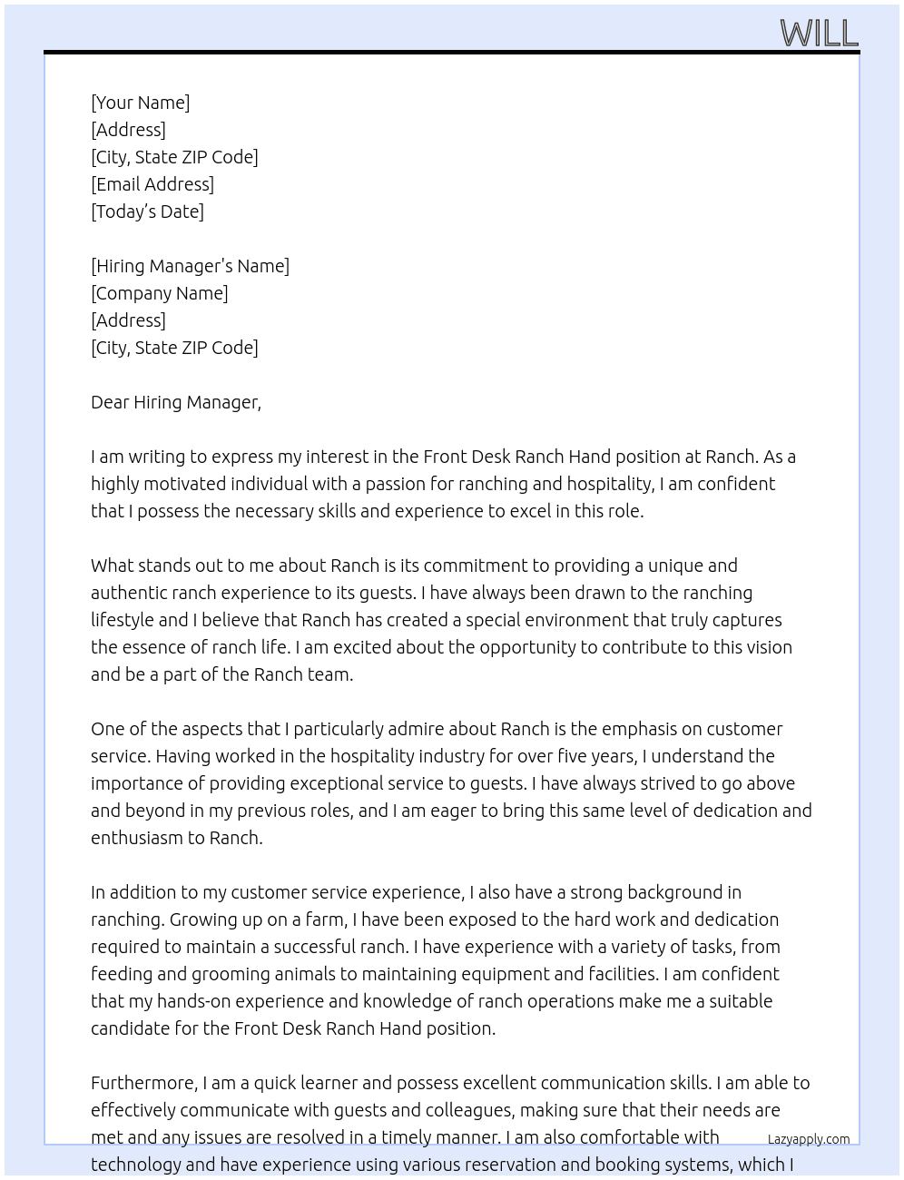 Front Desk Ranch Hand At Ranch Cover Letter