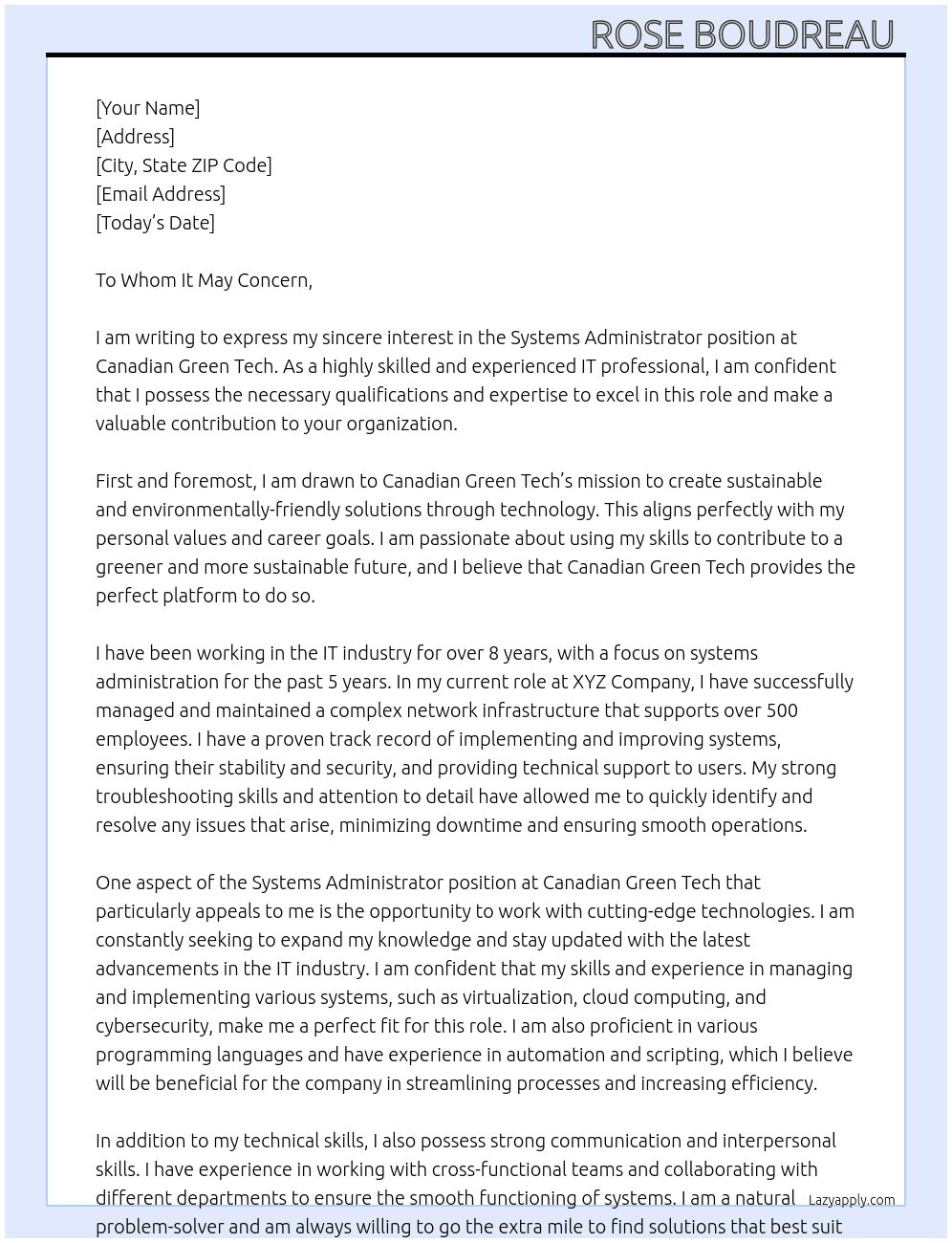 Systems Administrator At Canadian Green Tech Cover Letter