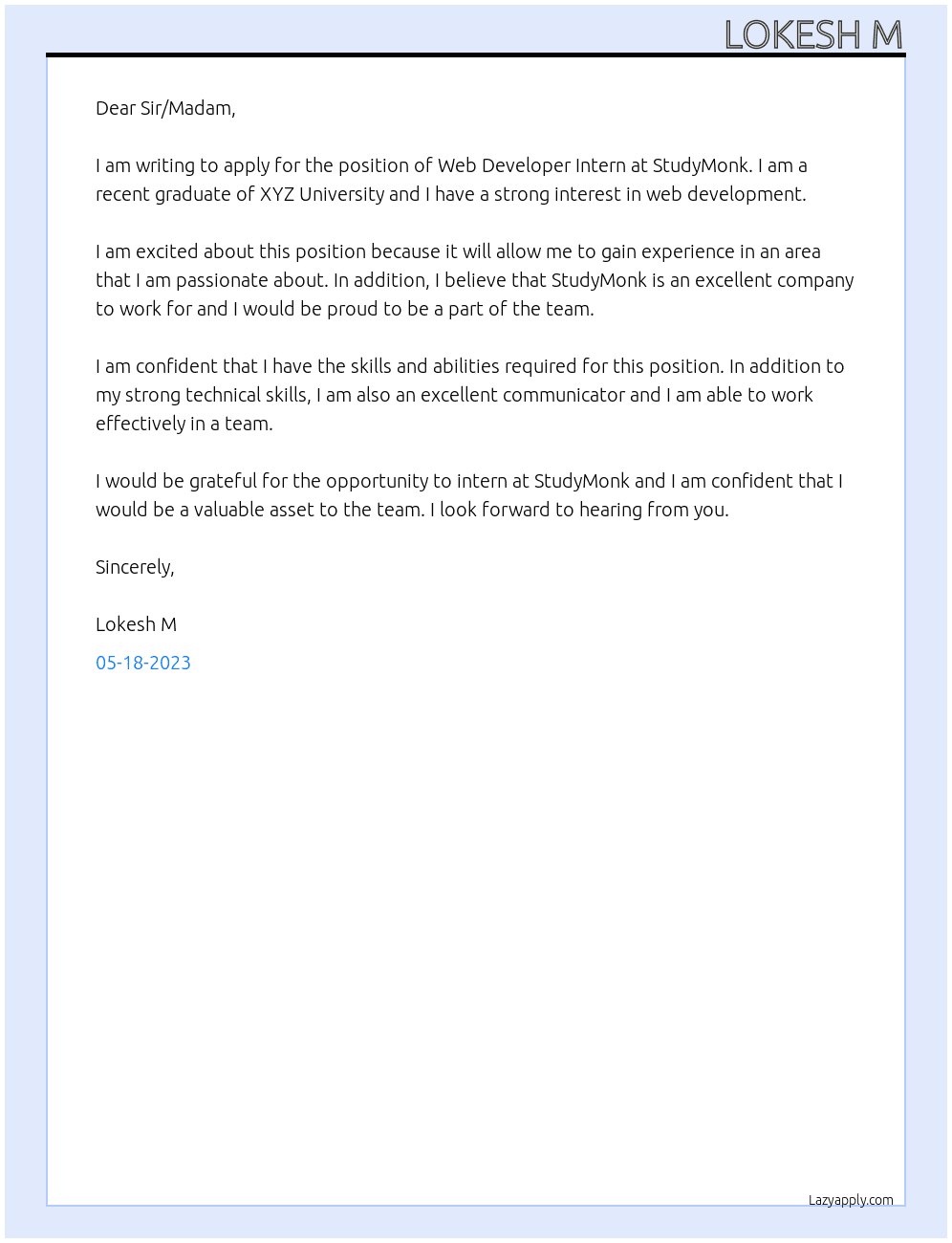 Web Developer Intern At StudyMonk Cover Letter