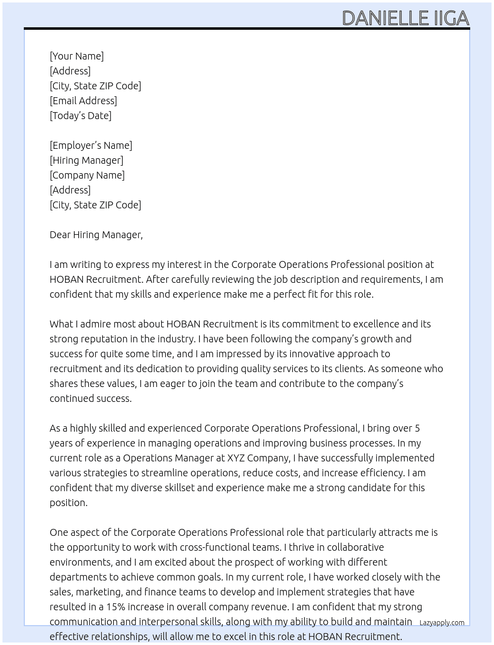 Corporate Operations professional At HOBAN Recruitment Cover Letter