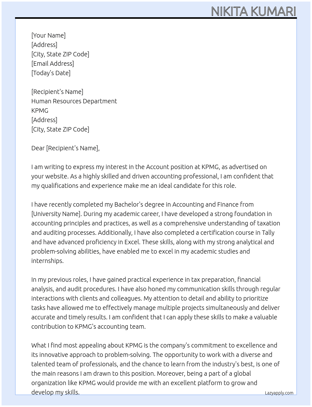 Account At KPMG Cover Letter