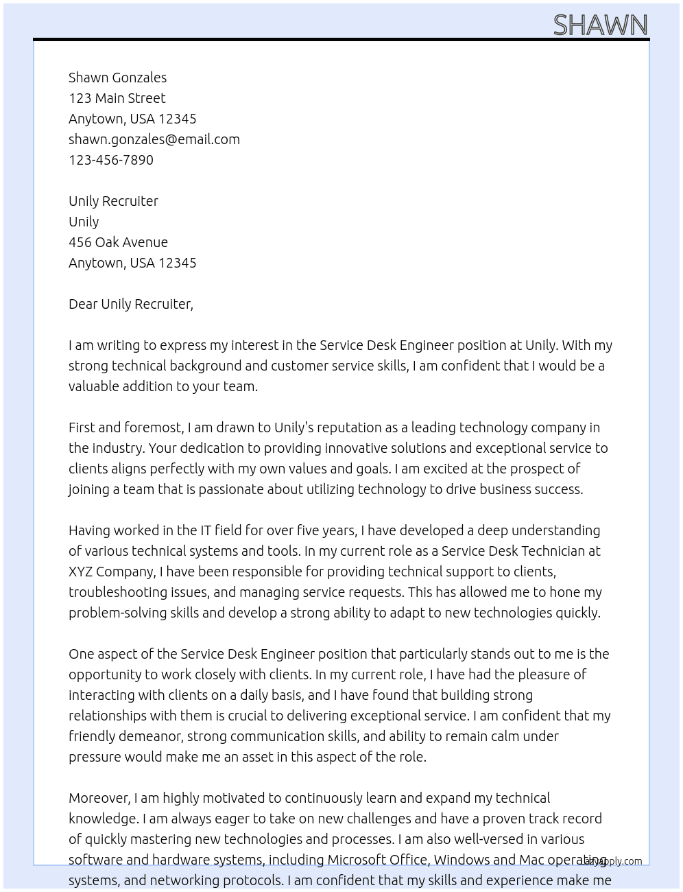 Service Desk Engineer At Unily Cover Letter