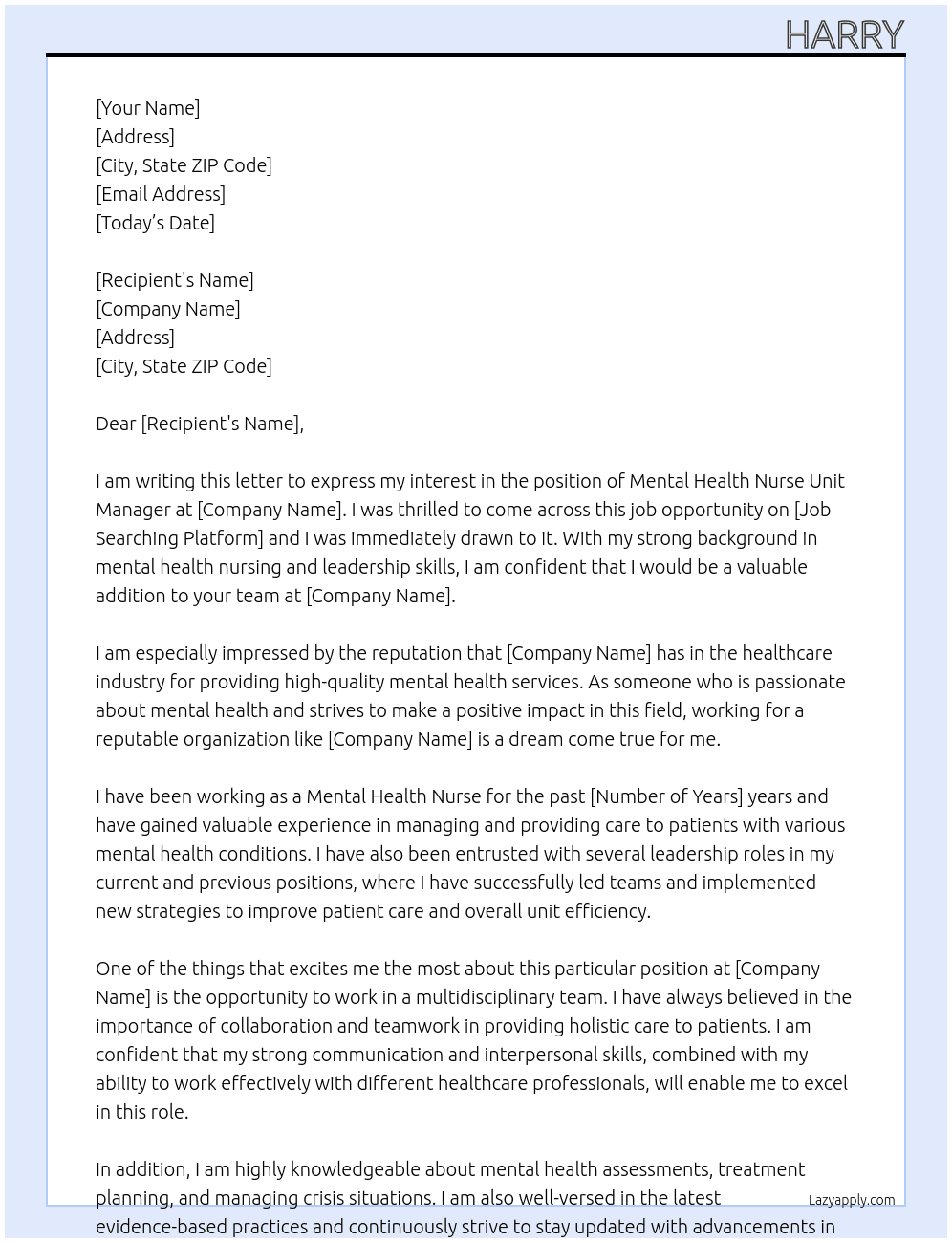 Mental Health Nurse unit manager At rah Cover Letter