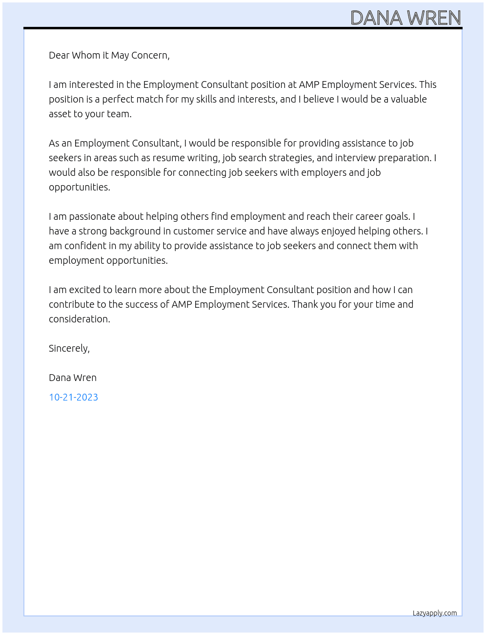 Employment Consultant At AMP Employment Services Cover Letter