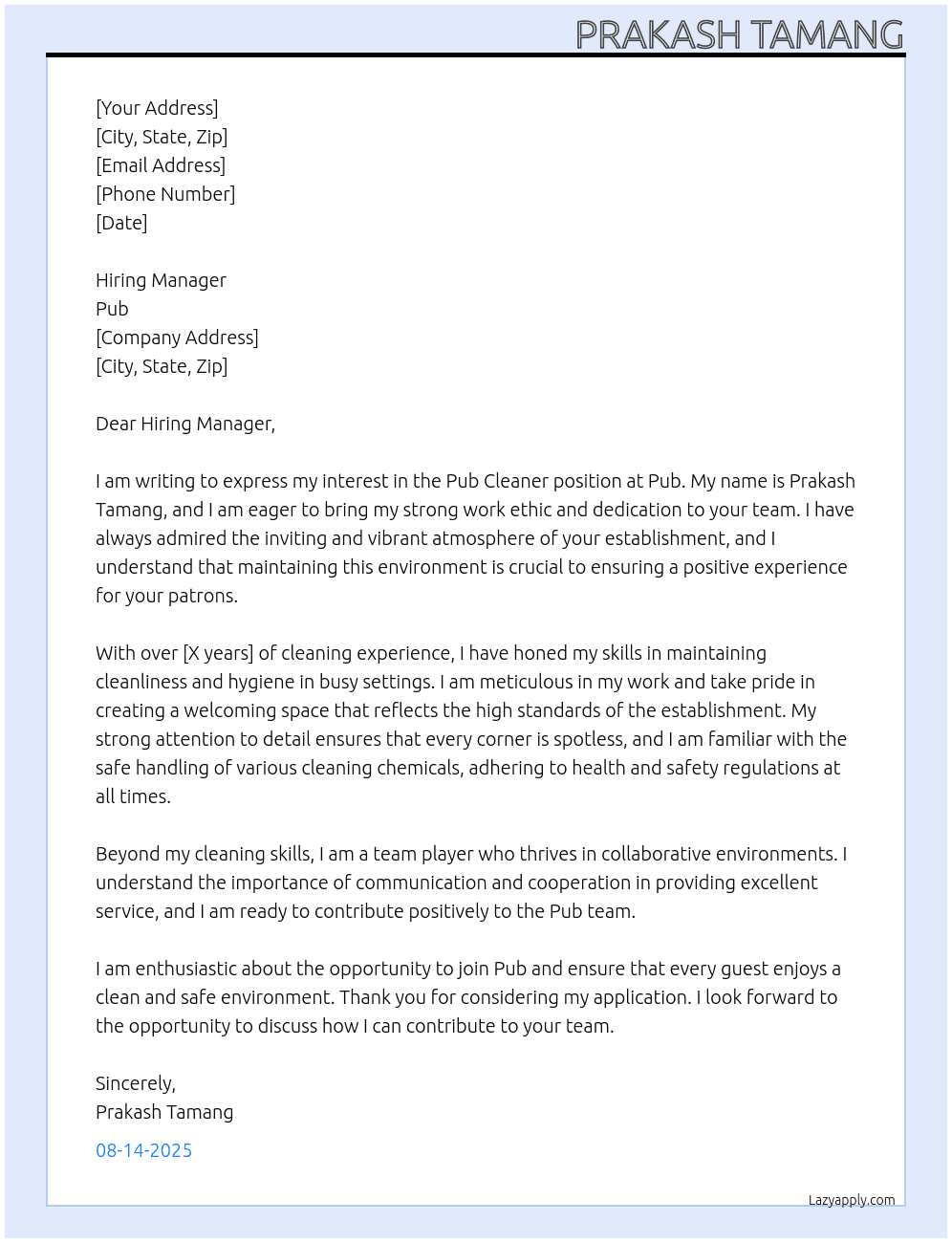 pub cleaner At pub Cover Letter