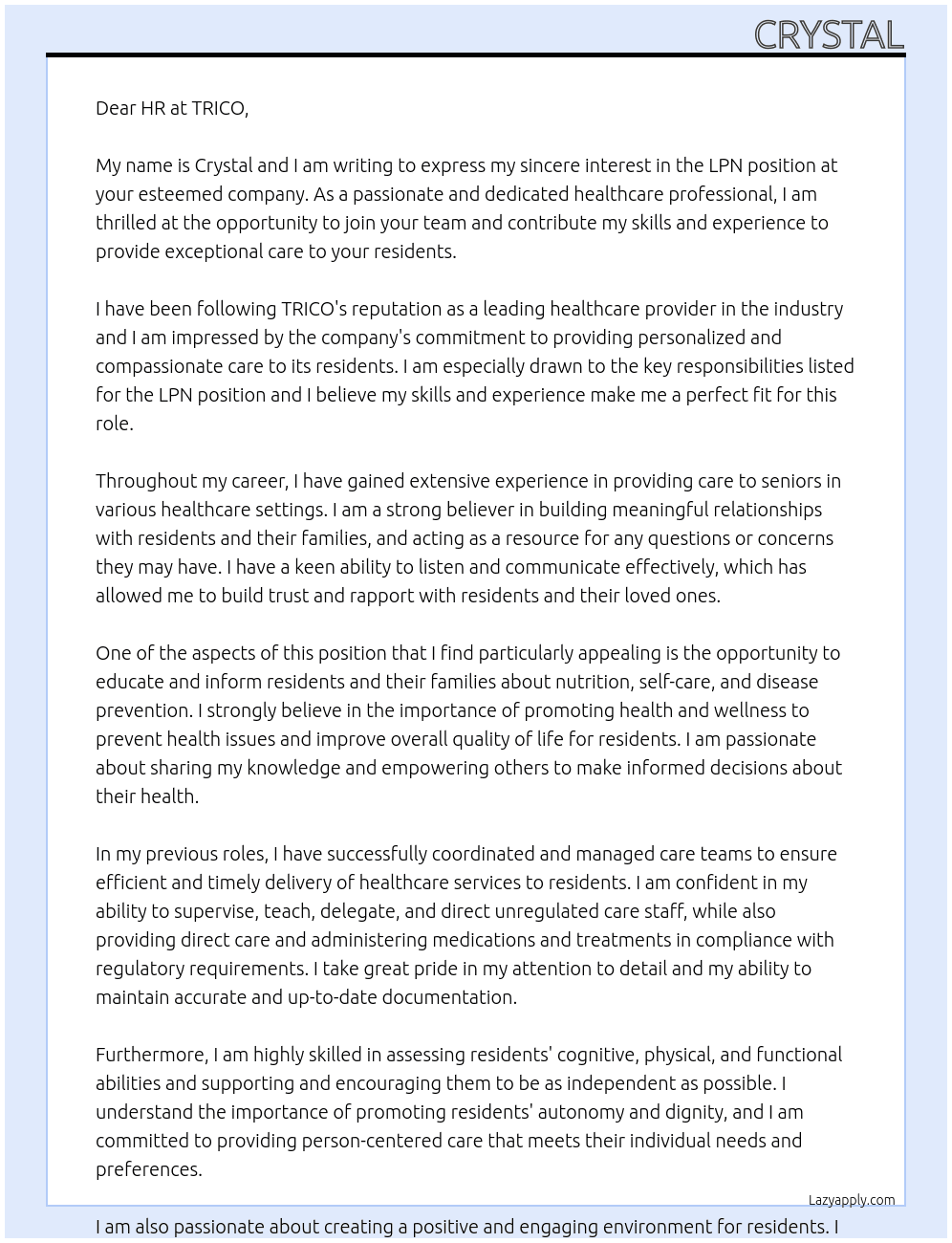 LPN At TRICO Cover Letter