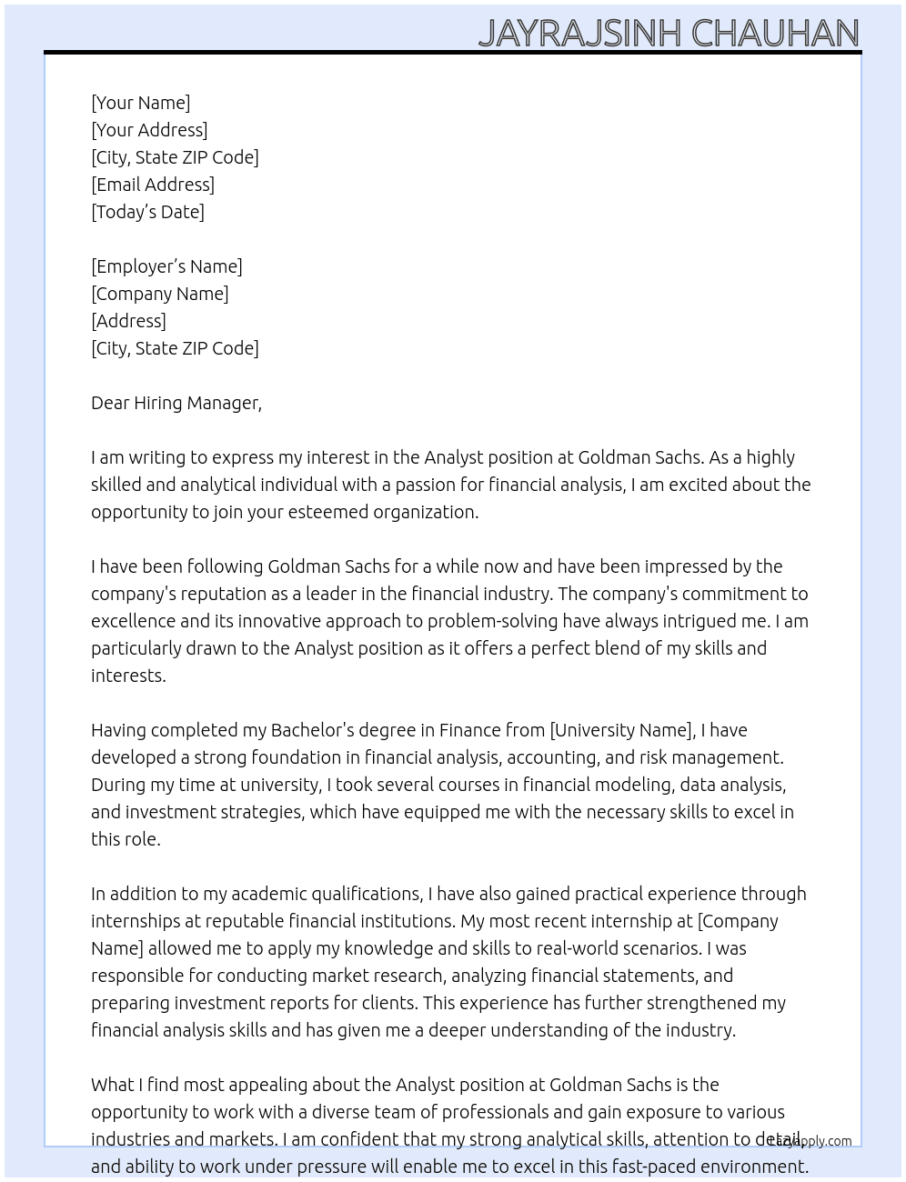 Analyst At Goldman sachs Cover Letter