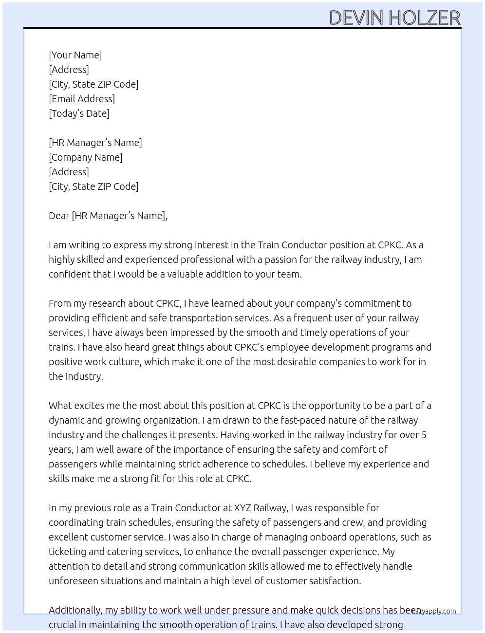 train conductor At CPKC Cover Letter
