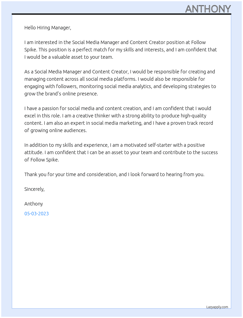 Social Media Manager and Content Creator At Follow Spike Cover Letter
