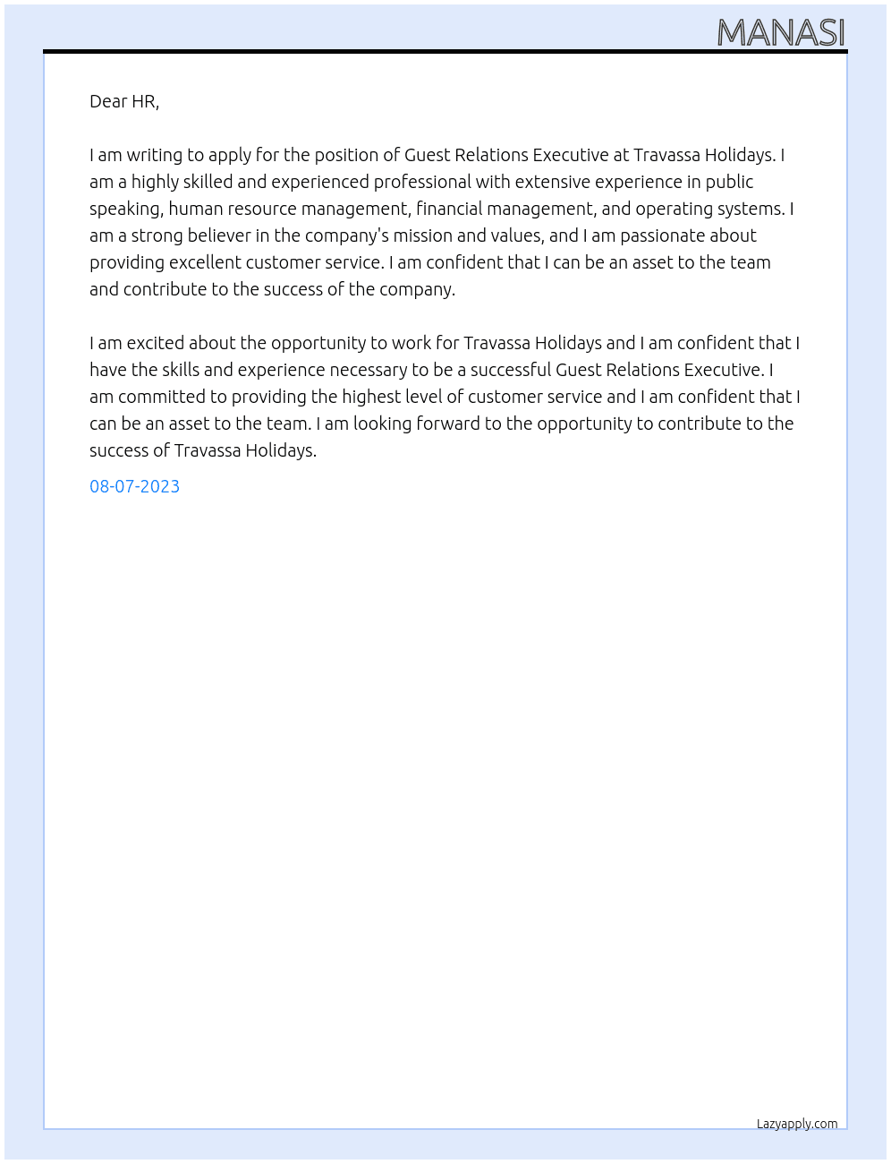 Guest Relations Executive  At Travassa Holidays Cover Letter