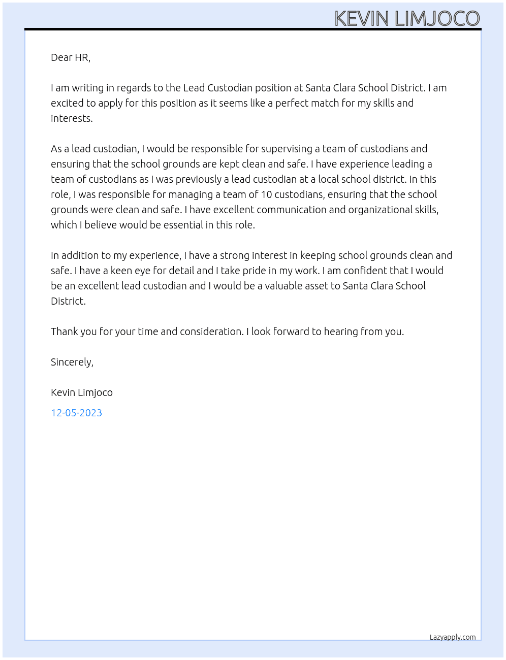 Lead Custodian At Santa Clara School District Cover Letter
