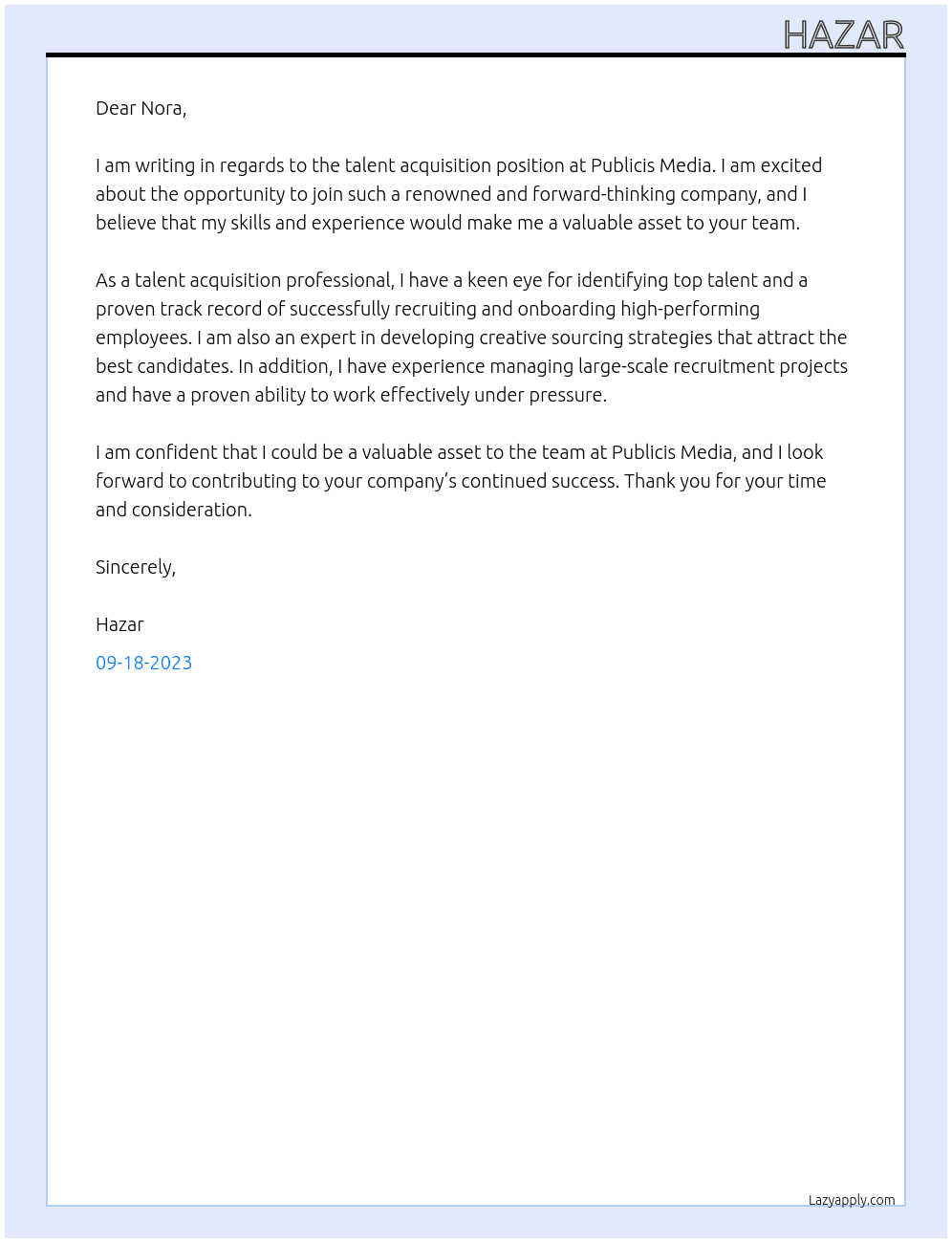 talent acquisition At publicis media Cover Letter