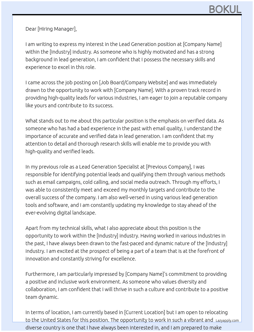 Lead Generation At industry  Cover Letter