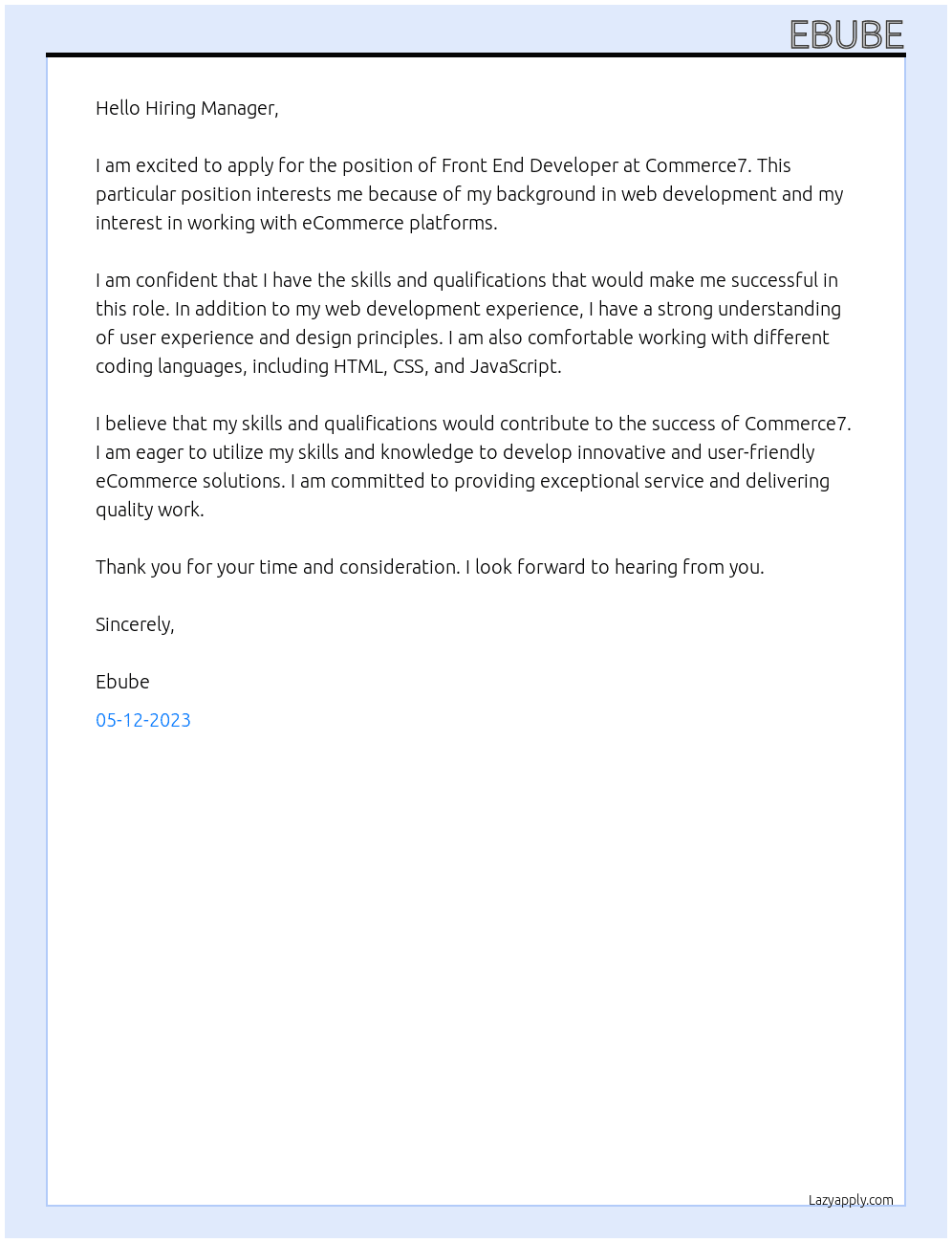 Front End Developer At Commerce7 Cover Letter