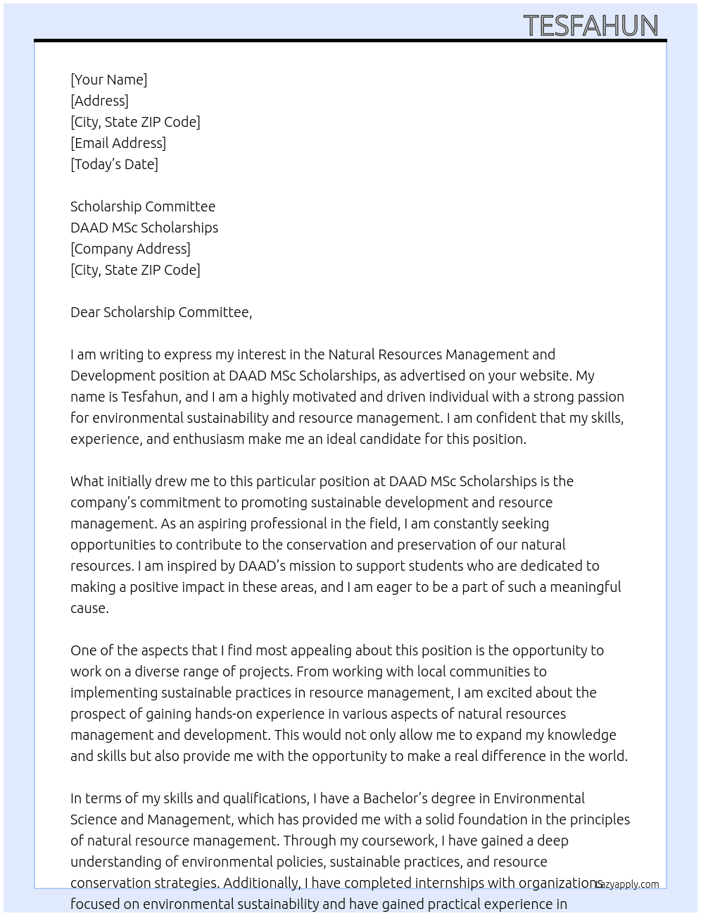 Natural Resources Management and Development At DAAD MSc scholarships Cover Letter