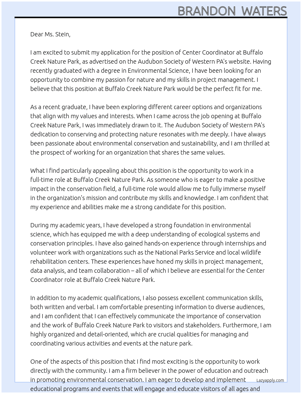 Center Coordinator At Buffalo Creek Nature Park Cover Letter