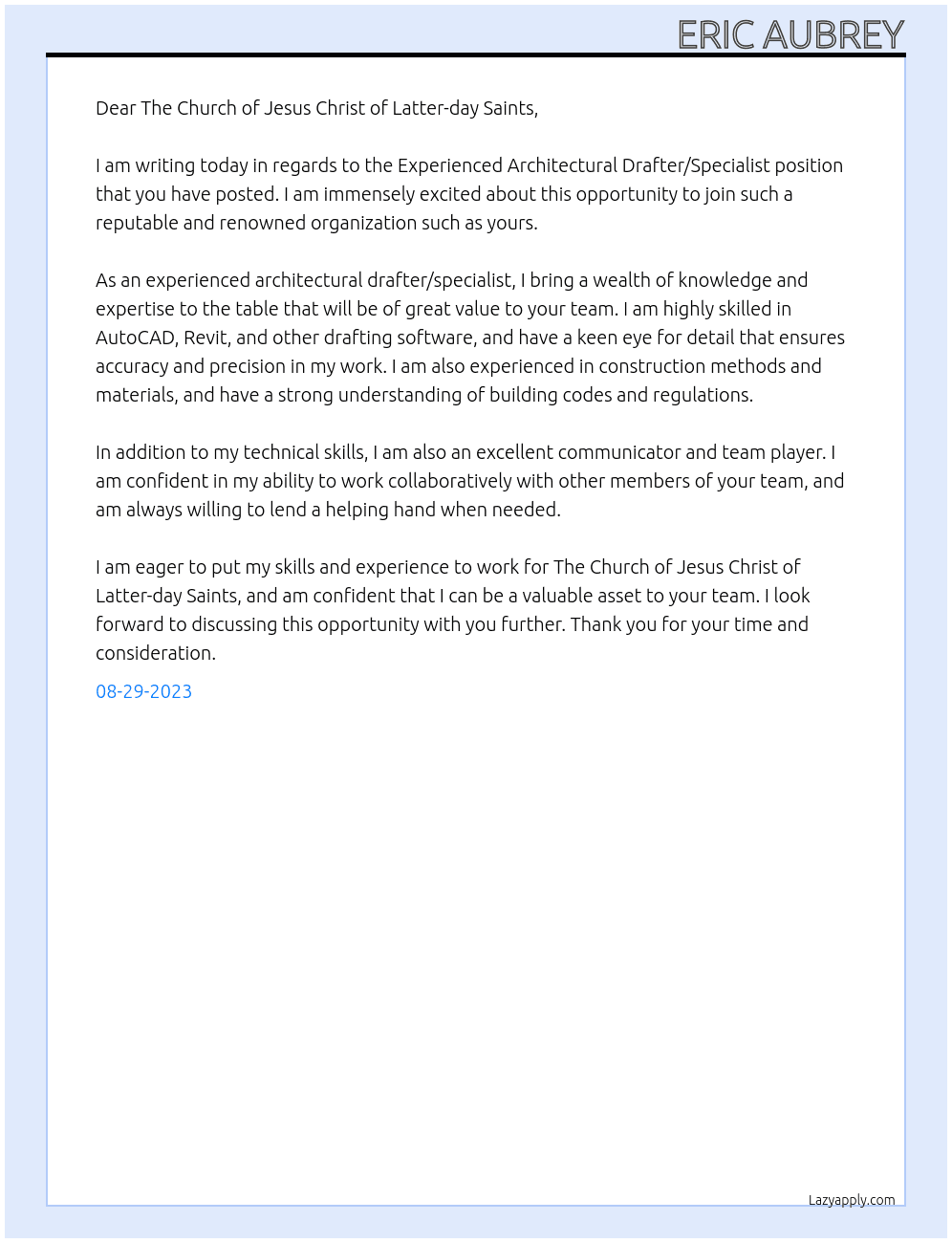Experienced Architectural Drafter/Specialist At The Church of Jesus Christ of Latter-day Saints Cover Letter