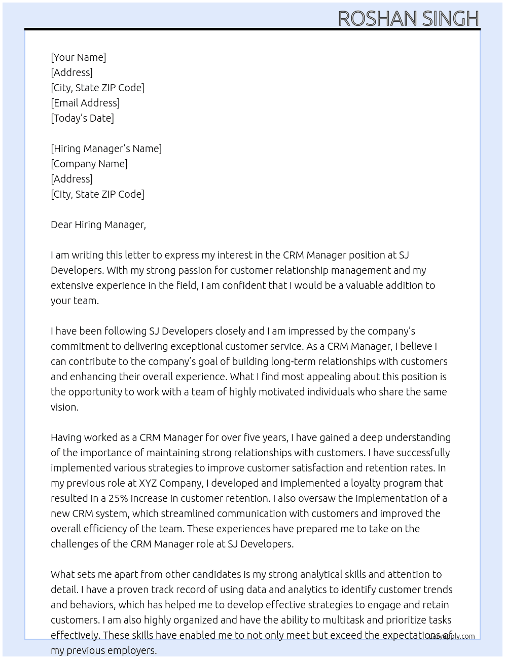 CRM MANAGAR At SJ Developers Cover Letter